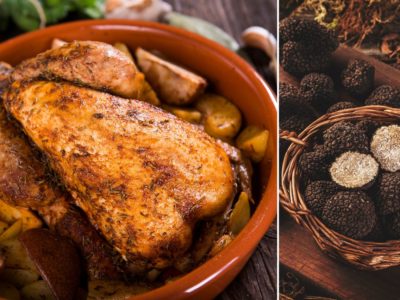 Pintade chaponnée rôtie aux truffes avec pommes de terre fondantes