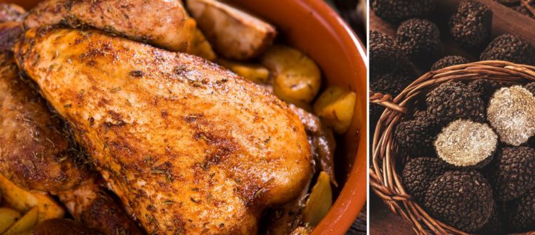 Pintade chaponnée rôtie aux truffes avec pommes de terre fondantes