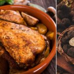 Pintade chaponnée rôtie aux truffes avec pommes de terre fondantes