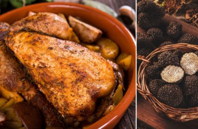 Pintade chaponnée rôtie aux truffes avec pommes de terre fondantes